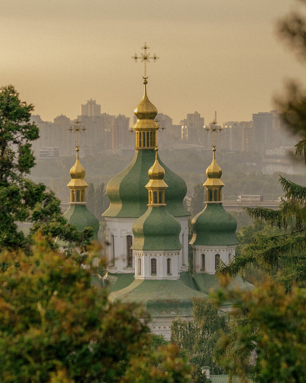 Vydubychi Monastery domes in a warm haze