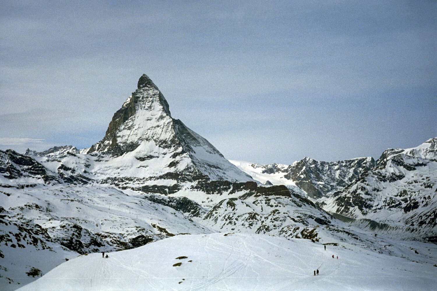 The Matterhorn over a snowy ski slope