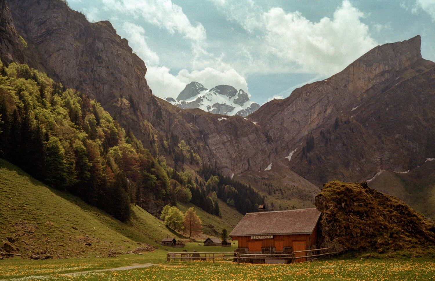 Ein Holzgasthaus auf den Wiesen am Seealpsee