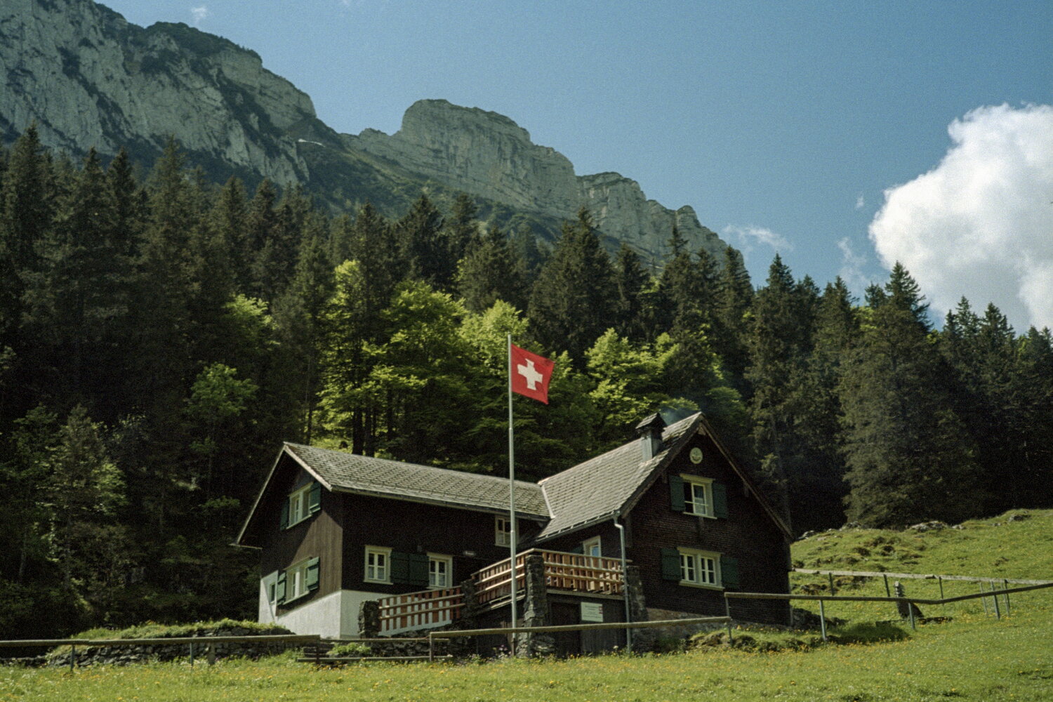 A chalet with the Swiss flag at the edge of the forest