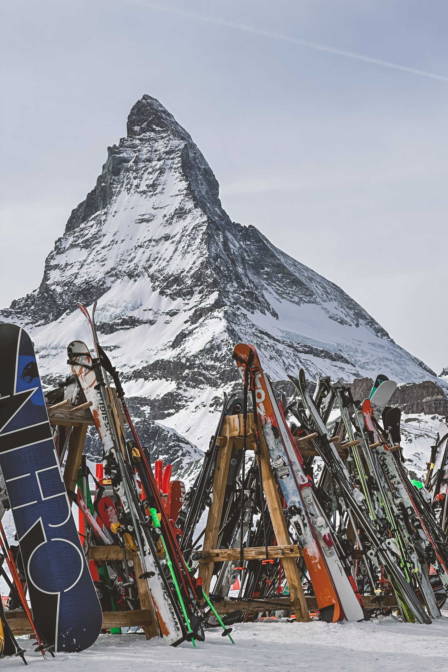 The Matterhorn behind rows of skis